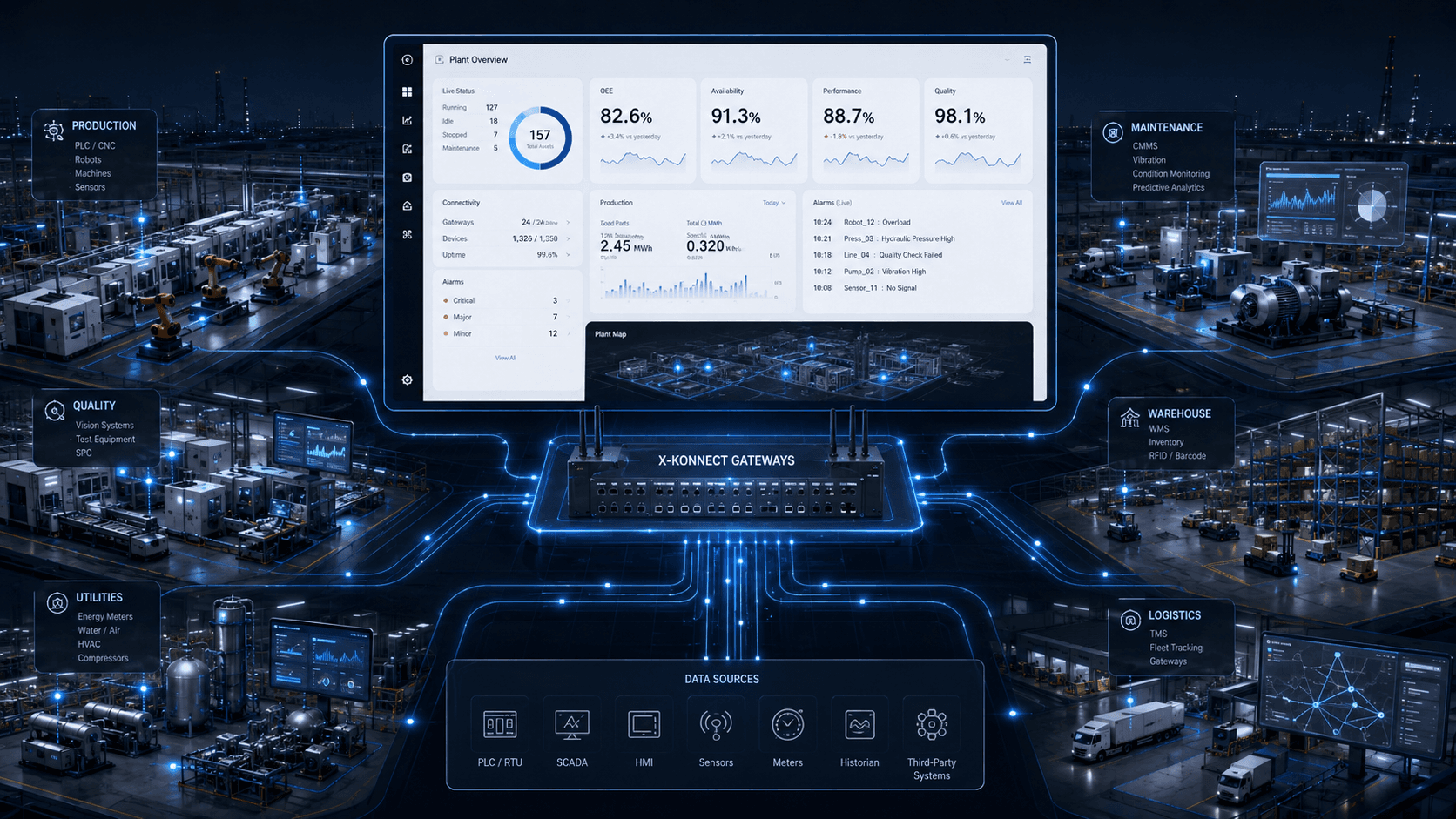 Plant Overview dashboard layout connecting production, maintenance, quality, warehouse, utilities, logistics